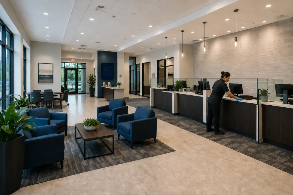 Employee cleaning a desk in a modern bank lobby featuring blue armchairs and glass partitions.