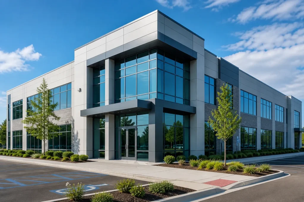 Modern two-story office building with extensive glass windows and landscaping under a blue sky.