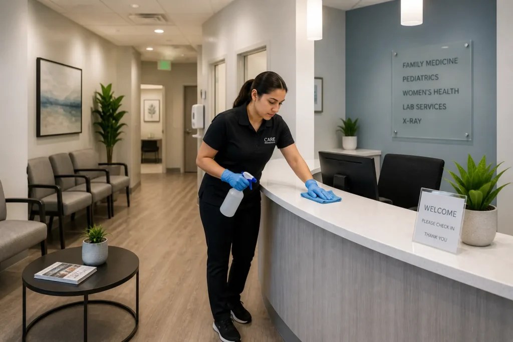 A professional cleaner in a black uniform sanitizing a white medical clinic reception desk.