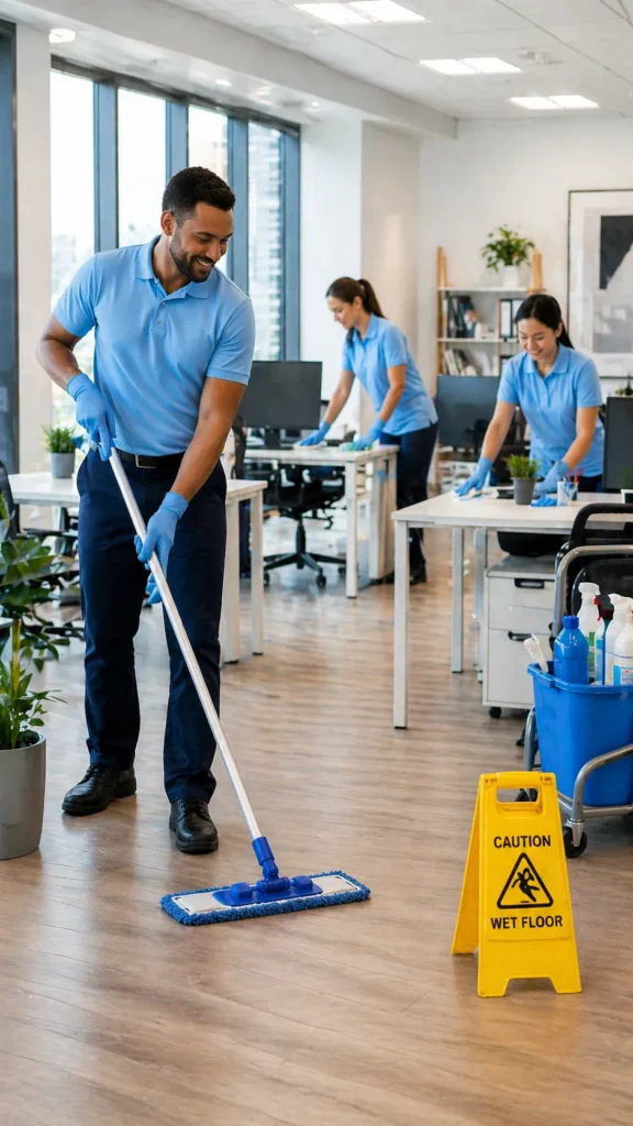 A diverse cleaning crew in blue uniforms sanitizing a modern office with large windows.