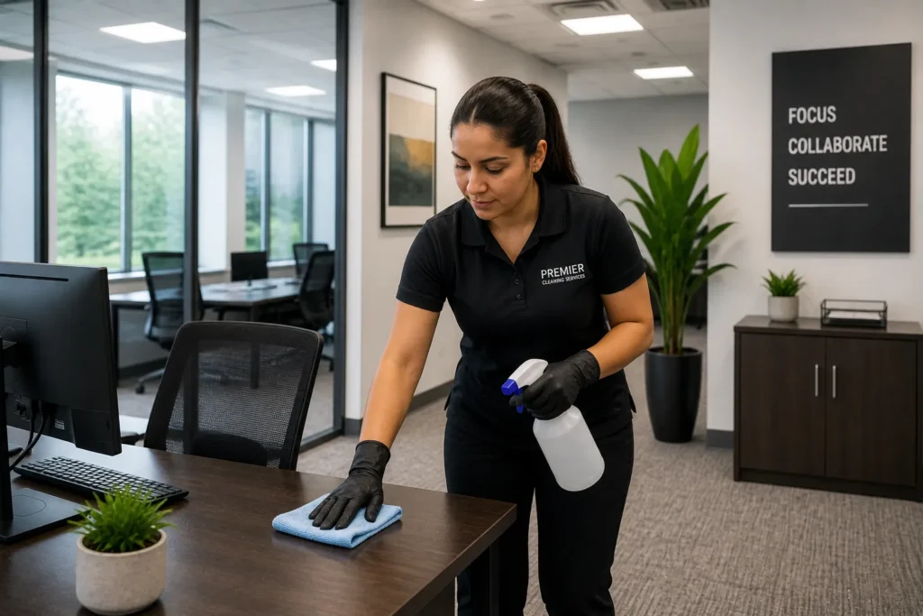 Professional cleaner in uniform sanitizing a modern office desk with a spray bottle and microfiber cloth.