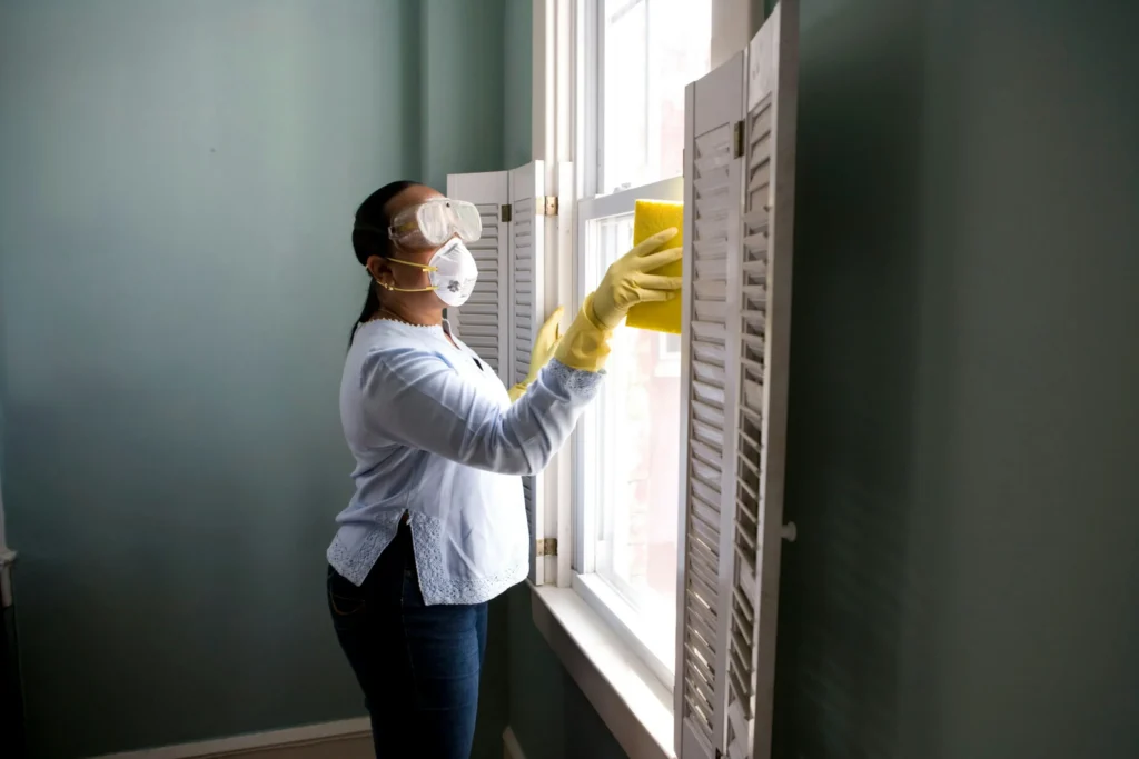 Woman wearing safety goggles, a mask, and yellow gloves cleans a window with a sponge in a room with blue walls.